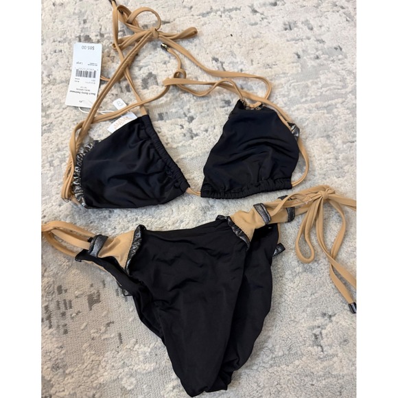 Beach Bunny Other - Beach Bunny Smoke & Mirrors Bikini Set Black Tan Metallic Silver Trim Large NWT